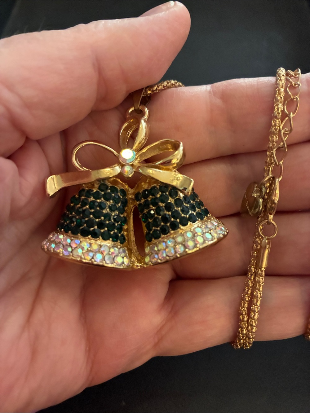 Gold Tone Bell Pendant Necklace with Dark Black and Iridescent Crystals